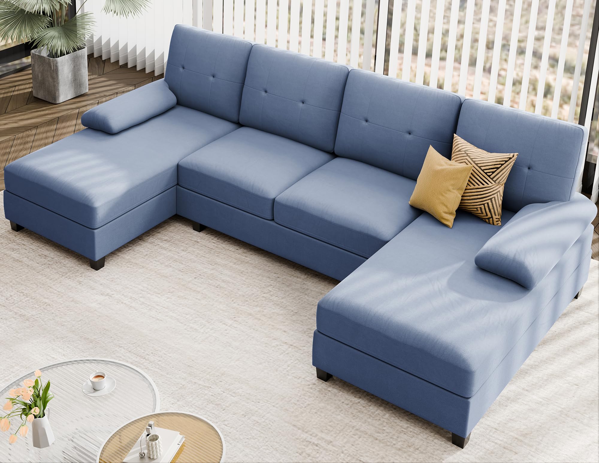 JAMFLY Sectional Sofa Couches for Living Room, Living Room Furniture Sets Clearance, 4 Seat U Shaped Sofa Sectional Couch with Chaise, Blue