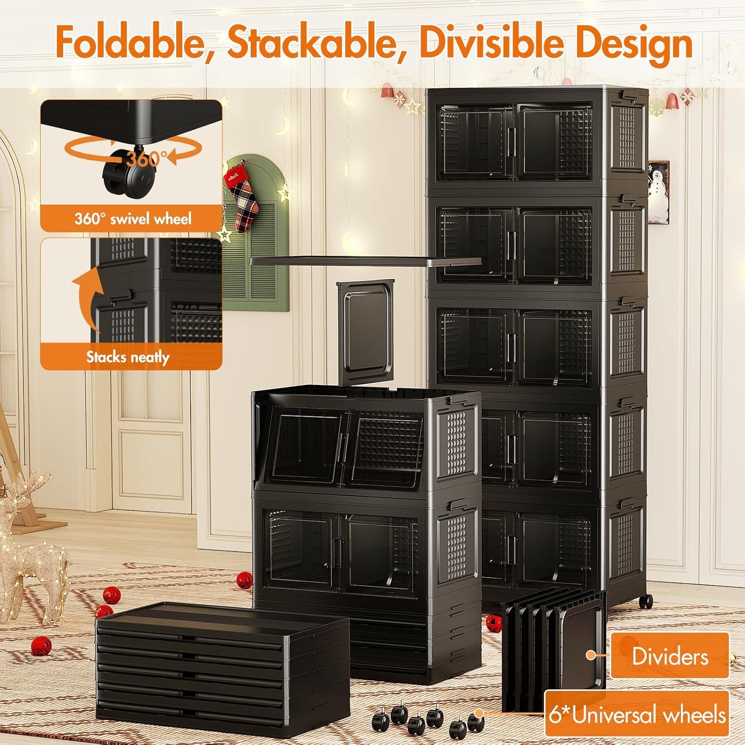 QAVABIN 160Gal/640Qt Large Storage Bins with Lid/Wheels/Doors/Dividers - 4 Tier Foldable Stackable Plastic Drawers, Extra Large Collapsible Cabinets Containers, Closet Organizers, Garage Totes, Black