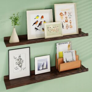 flyjoe floating picture ledge shelves 36 inch solid oak wood set of 2+floating shelves set of 2, rustic wall storage shelves with lip, kids bookshelf, photo & picture ledge shelves