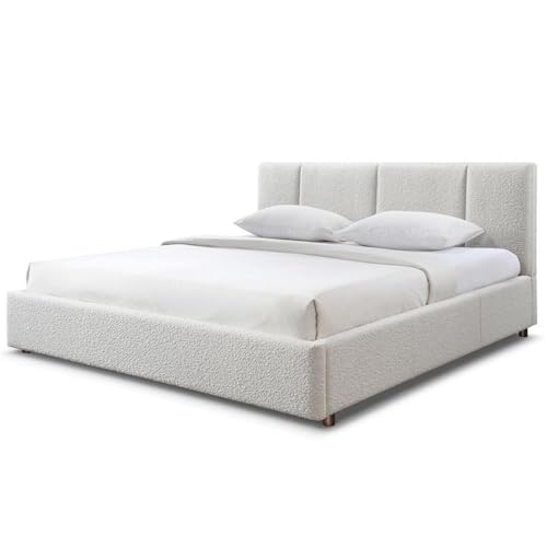 Omax Decor Venice Upholstered Platform Bed | Box Spring Not Required | (Cream Beige Boucle, King Bed Frame)