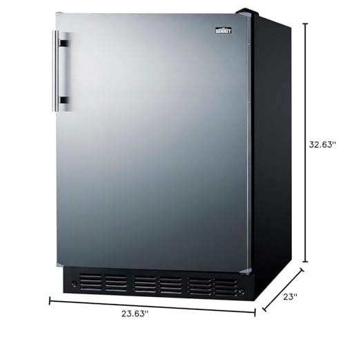 Summit FF708BL7SS 24” Wide Under Counter Refrigerator 5.1 cu.ft. Made in Europe with Automatic Defrost Operation, Reversible Stainless-Steel Door, and Deluxe black interior (Right Hand Door)