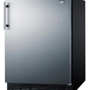 Summit FF708BL7SS 24” Wide Under Counter Refrigerator 5.1 cu.ft. Made in Europe with Automatic Defrost Operation, Reversible Stainless-Steel Door, and Deluxe black interior (Right Hand Door)