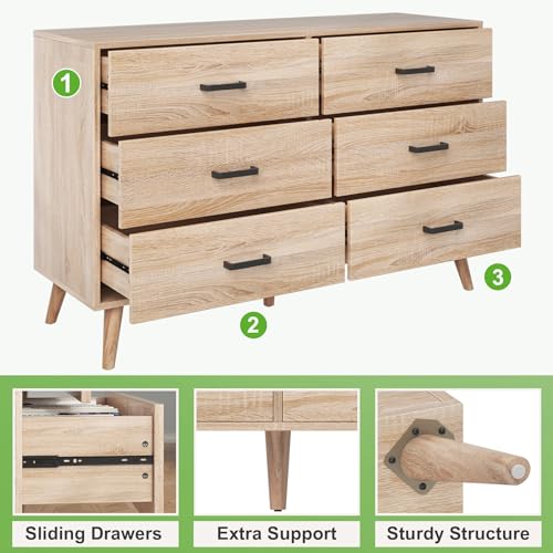 Bigbiglife Wood Dresser for Bedroom, 6 Drawer Dresser with Metal Handles, Mid Century Modern Dresser Double Chest of Drawer (Light Oak)