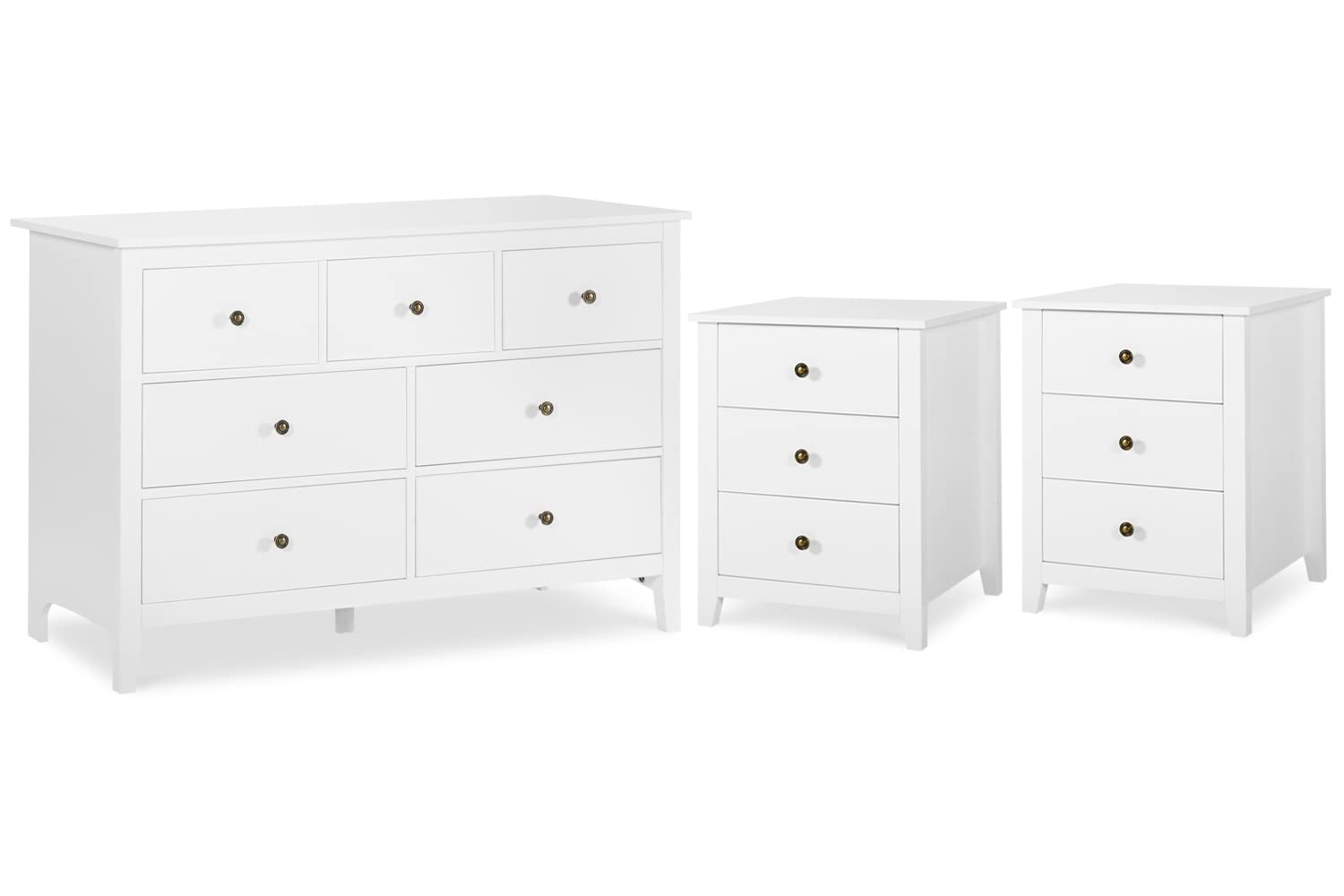 Vikiullf Dresser and Nightstands Sets - 3 Pieces Modern Bedroom Set, White Wooden 7 Drawer Dresser and 3 Drawer Nightstands, Modern Bedroom Furniture Set