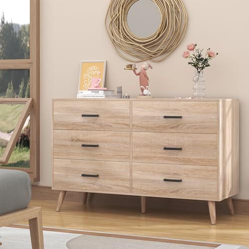 Bigbiglife Wood Dresser for Bedroom, 6 Drawer Dresser with Metal Handles, Mid Century Modern Dresser Double Chest of Drawer (Light Oak)