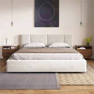 Omax Decor Venice Upholstered Platform Bed | Box Spring Not Required | (Cream Beige Boucle, King Bed Frame)