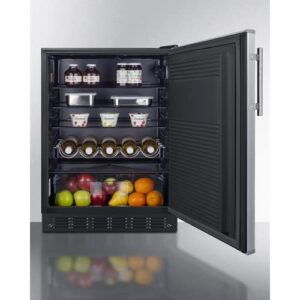 Summit FF708BL7SS 24” Wide Under Counter Refrigerator 5.1 cu.ft. Made in Europe with Automatic Defrost Operation, Reversible Stainless-Steel Door, and Deluxe black interior (Right Hand Door)