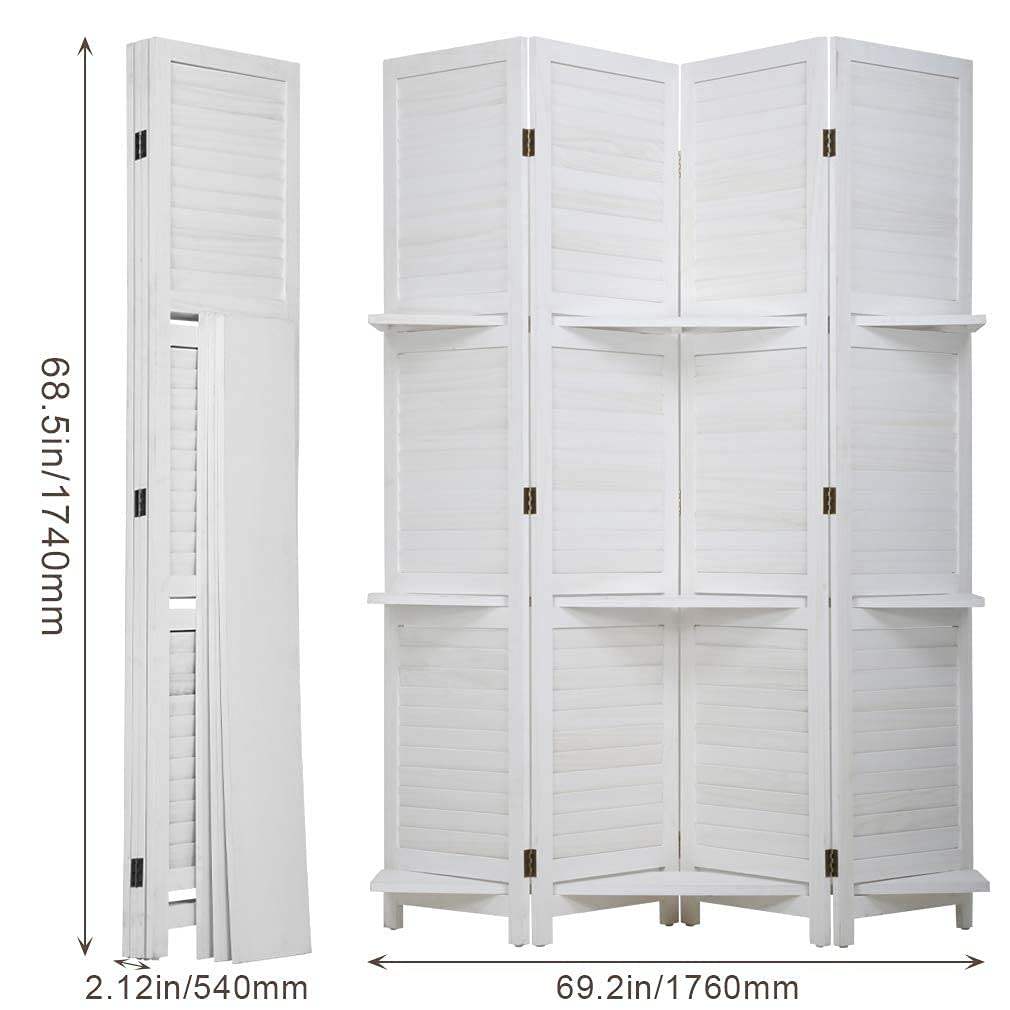 69" H Room Dividers and Folding Privacy Screens, 4 Panel Wooden Room Divider, Partition Room Dividers with 3 Removable Storage Shelves, Portable Room Divider for Home Office Bedroom Divider, White