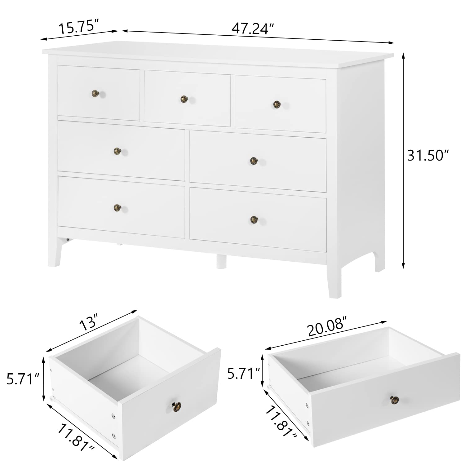 Vikiullf Dresser and Nightstands Sets - 3 Pieces Modern Bedroom Set, White Wooden 7 Drawer Dresser and 3 Drawer Nightstands, Modern Bedroom Furniture Set