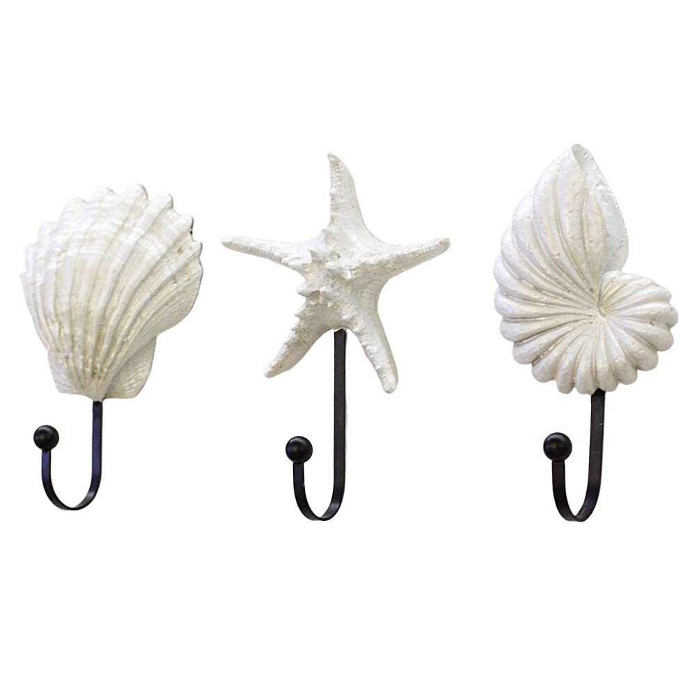 3pcs Wall Hooks Coat Hooks, Resin Hanger Decorative Hooks, Sea Shell Wall Hooks, Coastal Theme Beach House Decor for Bathroom Door Bedrooms Wardrobes for Clothes Hat Key (White)