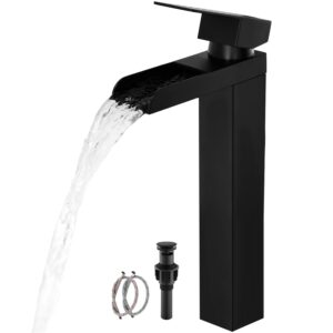 black tall waterfall bathroom faucet, single hanlde vessel sink faucet with waterfall spout, bathroom faucets for 1 hole, rv lavatory vanity mixer bar tap with pop up drain and hoses kmbf015b