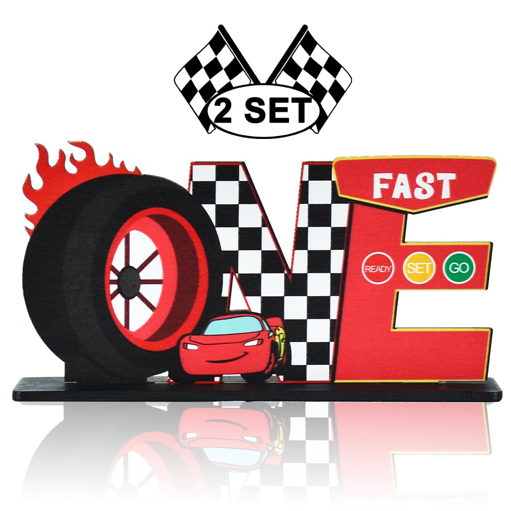 TONIFUL Race Car ONE Letter Sign Table Centerpieces Fast One Birthday Decorations for Boys,Cars 1st Birthday Decorations for One Year Old Birthday Favors Party Baby Shower Photo Booth Props(2 Set)