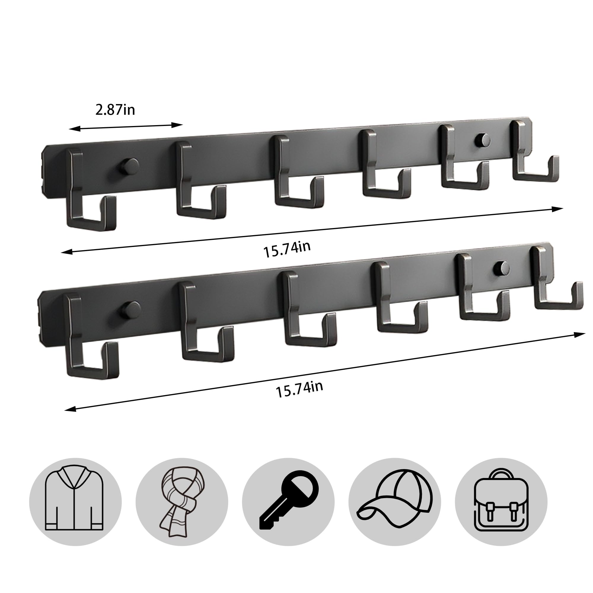 Geobella Wall mountde Coat Rack（2-Pack） 6 Hanging Hooks Entryway Bedroom Bathroom Kitchen for Coat Hooks,Glue Installation Does Not Require Drilling