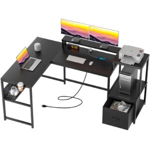 greenforest 69 inch l shaped computer desk, corner desk with drawers and power outlet, home office desk, gaming table with storage and long monitor shelf, black