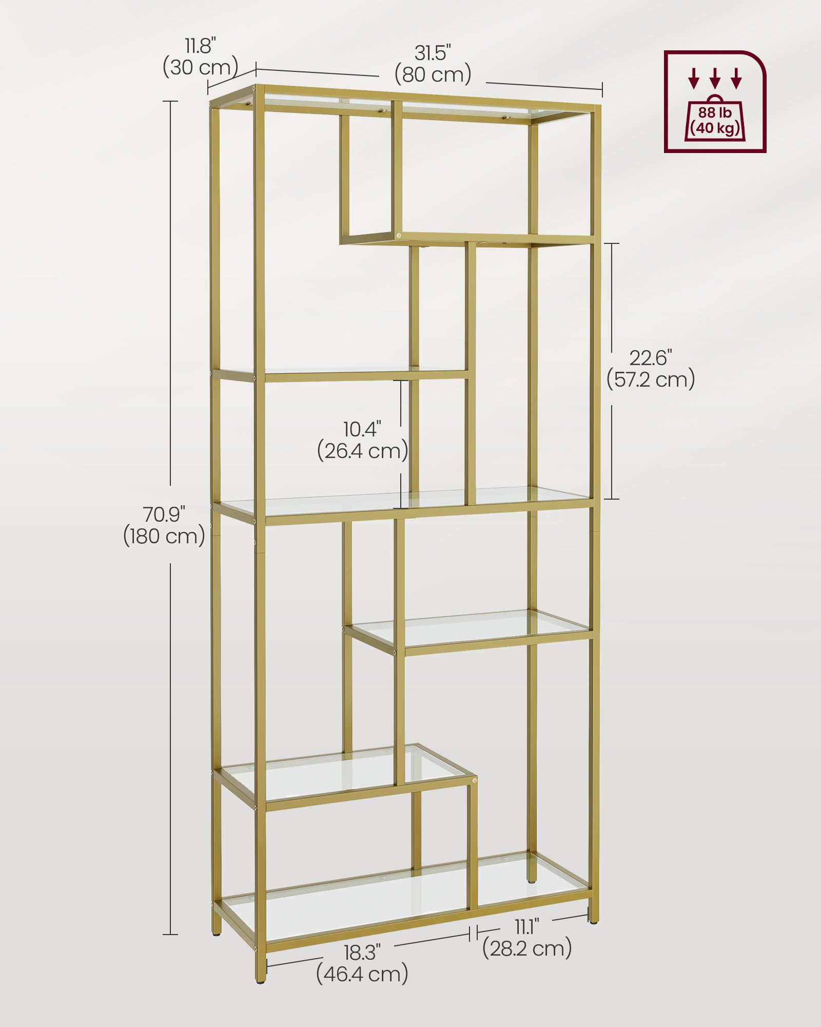 VASAGLE Bookshelf, 6-Tier Tall Bookcase, Display Shelf, Plant Stand, 11.8 x 31.5 x 70.9 Inches, Tempered Glass, for Study, Office, Living Room, Bedroom, Kitchen, Metallic Gold ULGT502A01