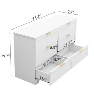 UYIHOME 6 Drawer Dresser for Bedroom, Modern Long Dresser Chest with Large Drawer, Wooden Chest of Dresser Storage Cabinet Organizer Unit for Living Room, Cloakroom, Entryway, Hallyway, White