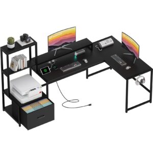 greenforest 70" l shaped desk with power outlets & printer shelf,reversible computer desk with drawer & monitor stand,home office gaming desk with storage space,black