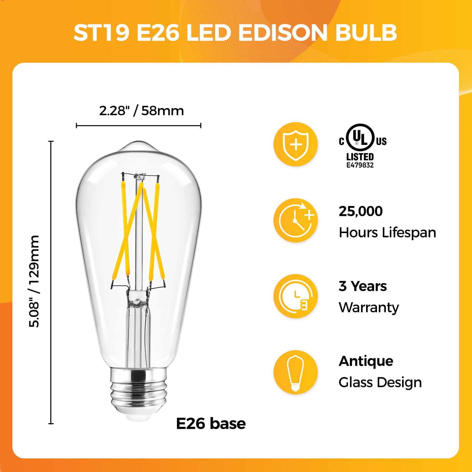 Hizashi LED Edison Bulbs, 6W, Equivalent 60W, E26 LED Bulb Non-dimmable, 3000K Soft White, 90+ CRI 700 Lumens, ST19 Vintage Light Bulbs, Clear Glass, Pack of 6