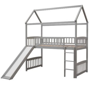 LostCat Twin Size Loft Bed with Slide, House Shaped Solid Pine Wood Bed Frame w/Safety Guardrail & Ladder, No Box Spring Needed, Save Space Design, for Kids, Teens, Girls, Boys, Gray