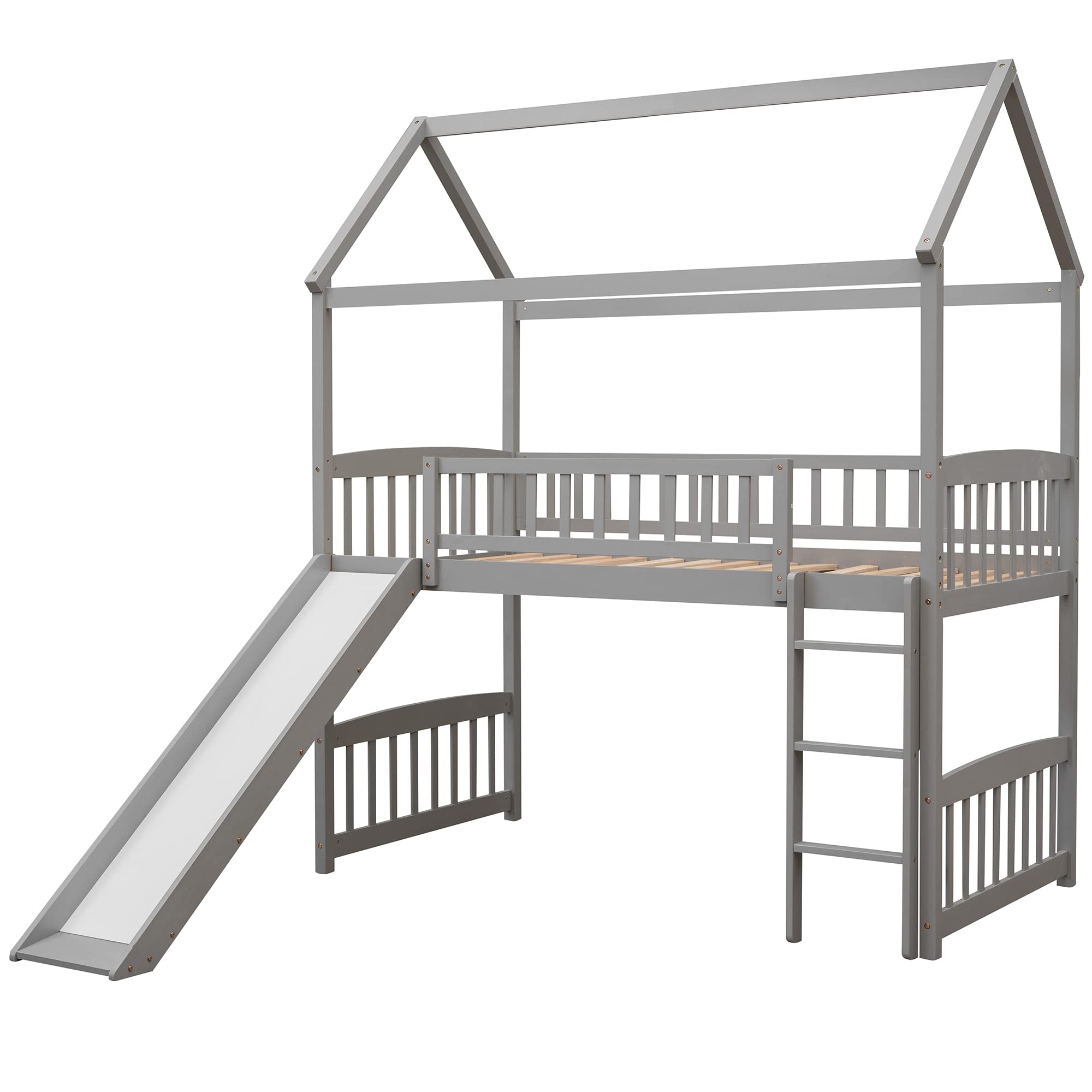 LostCat Twin Size Loft Bed with Slide, House Shaped Solid Pine Wood Bed Frame w/Safety Guardrail & Ladder, No Box Spring Needed, Save Space Design, for Kids, Teens, Girls, Boys, Gray