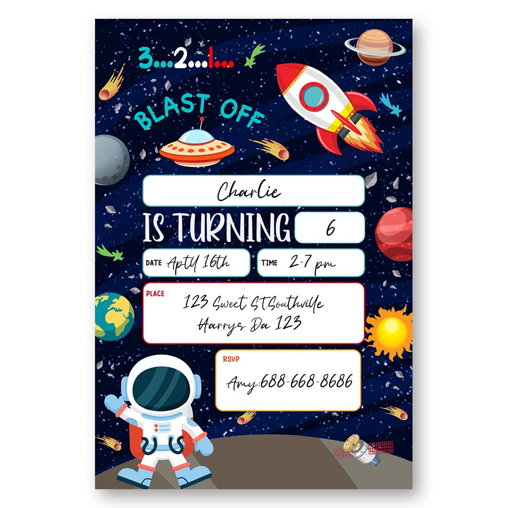 LoaHak Astronaut Birthday Party Invitations Card For Kids, Planets Rocket Ship Party, Outer Space Birthday Invitation. (074)