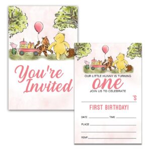 Dolimifa Pink Winnie the Pooh 1st Birthday Invitations Fill in Style Classic Winnie the Pooh First Birthday Invites, 20 Count With Envelopes