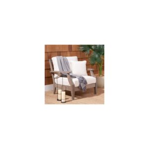 SAFAVIEH Outdoor Couture Collection Martinique Light Grey/Beige Solid Wood Patio Armchair with Pillow