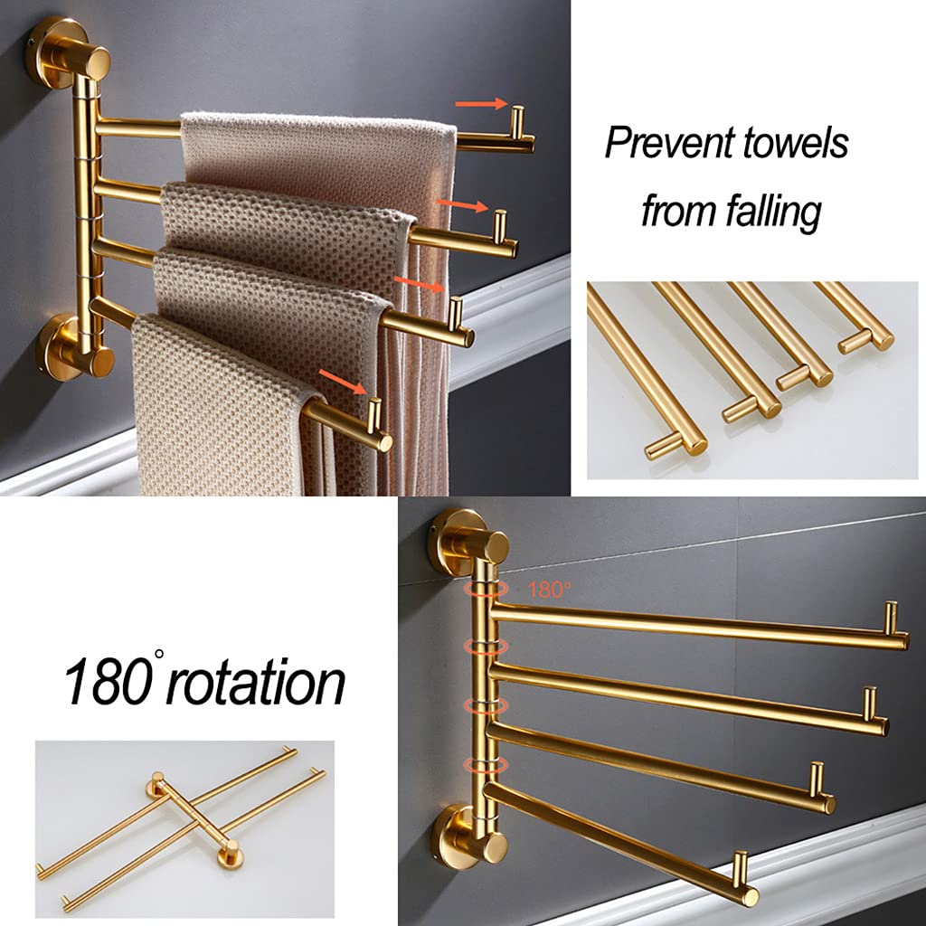 Swing Out Towel Bar, Gold Folding Arm Swivel Hanger Bathroom Storage Organizer Rustproof Wall Mount Polished Surface, Hand Towel Holder for Shower Room, Kitchen gold-2bars