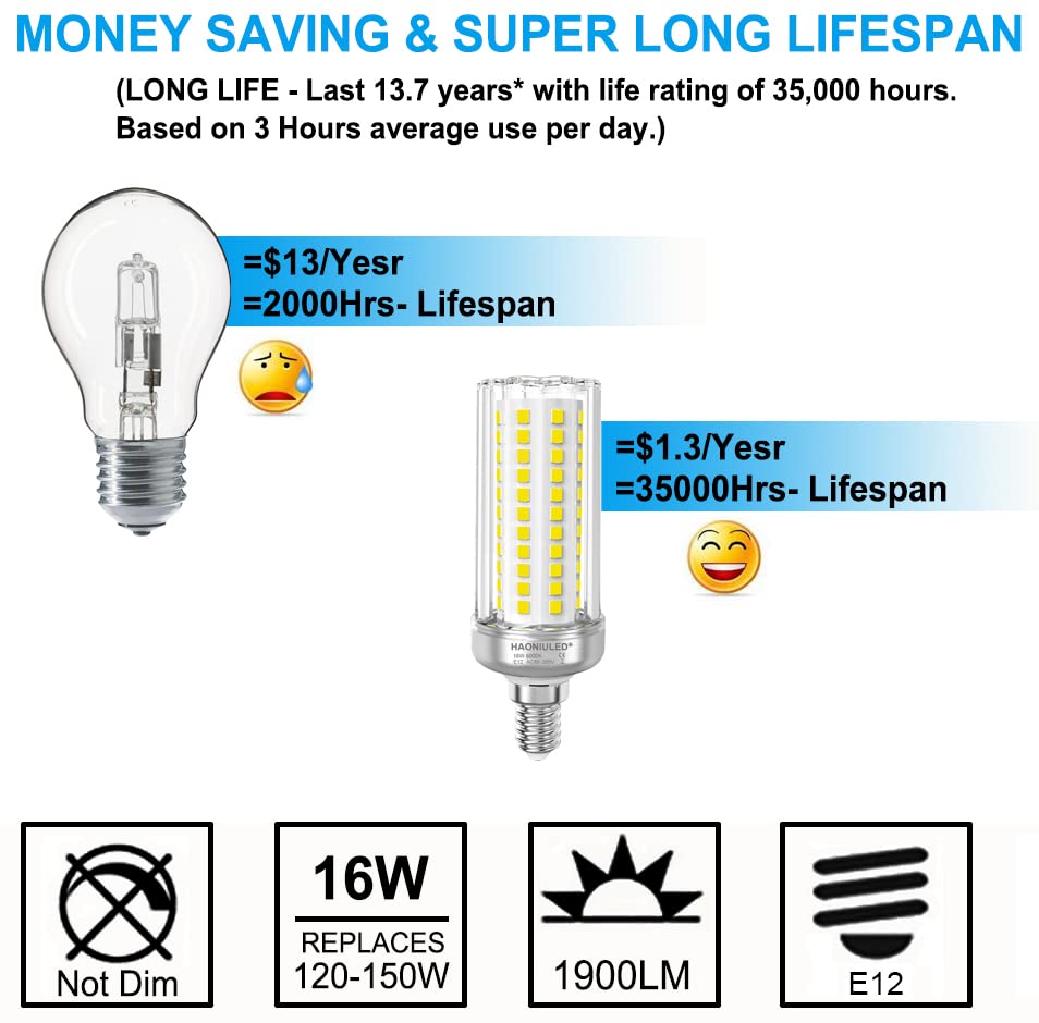 HAONIULED LED Light Bulb E12 Base 16W LED Candelabra Bulb 150 Watt Equivalent, Cool White 6000K 1900 Lumen Non-Dimmable Suitable for Home Indoor attic Corridor Garage Pack of 2