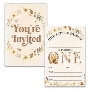 Dolimifa Floral Winnie the Pooh 1st Birthday Invitations Fill in Style Classic Our Little Hunny Honey Bear Winnie 1st Birthday Invites, 20 Count With Envelopes