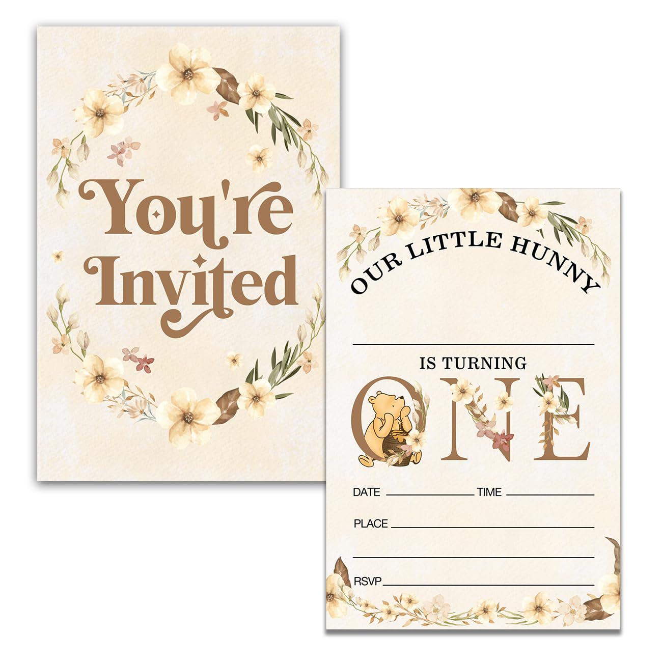 Dolimifa Floral Winnie the Pooh 1st Birthday Invitations Fill in Style Classic Our Little Hunny Honey Bear Winnie 1st Birthday Invites, 20 Count With Envelopes