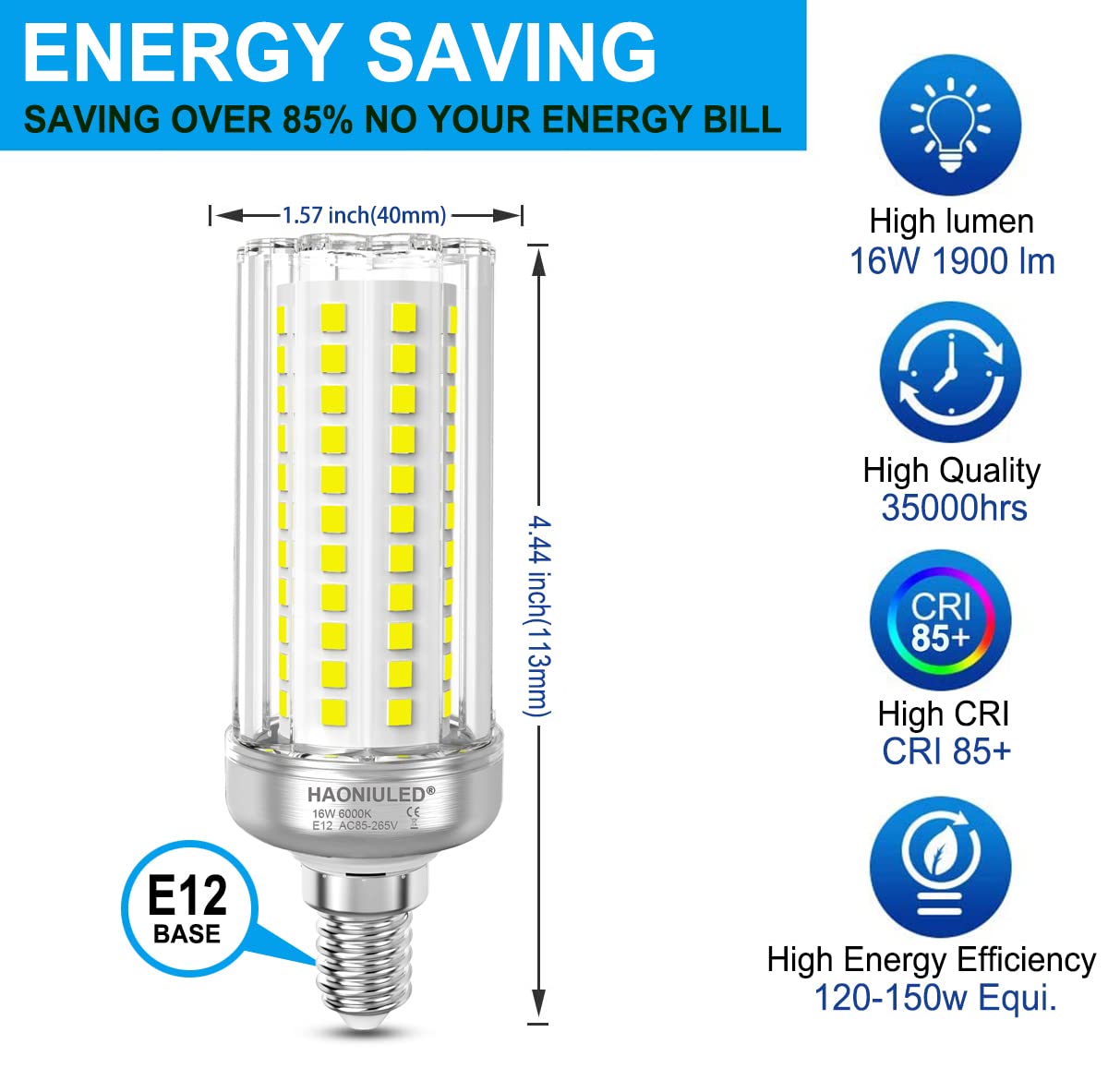 HAONIULED LED Light Bulb E12 Base 16W LED Candelabra Bulb 150 Watt Equivalent, Cool White 6000K 1900 Lumen Non-Dimmable Suitable for Home Indoor attic Corridor Garage Pack of 2