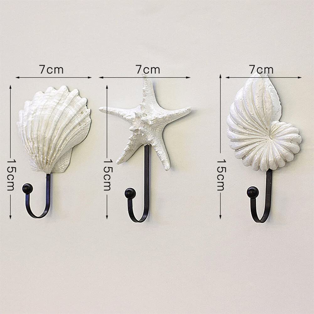 3pcs Wall Hooks Coat Hooks, Resin Hanger Decorative Hooks, Sea Shell Wall Hooks, Coastal Theme Beach House Decor for Bathroom Door Bedrooms Wardrobes for Clothes Hat Key (White)