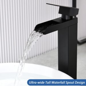 Black Tall Waterfall Bathroom Faucet, Single Hanlde Vessel Sink Faucet with Waterfall Spout, Bathroom Faucets for 1 Hole, RV Lavatory Vanity Mixer Bar Tap with Pop Up Drain and Hoses KMBF015B