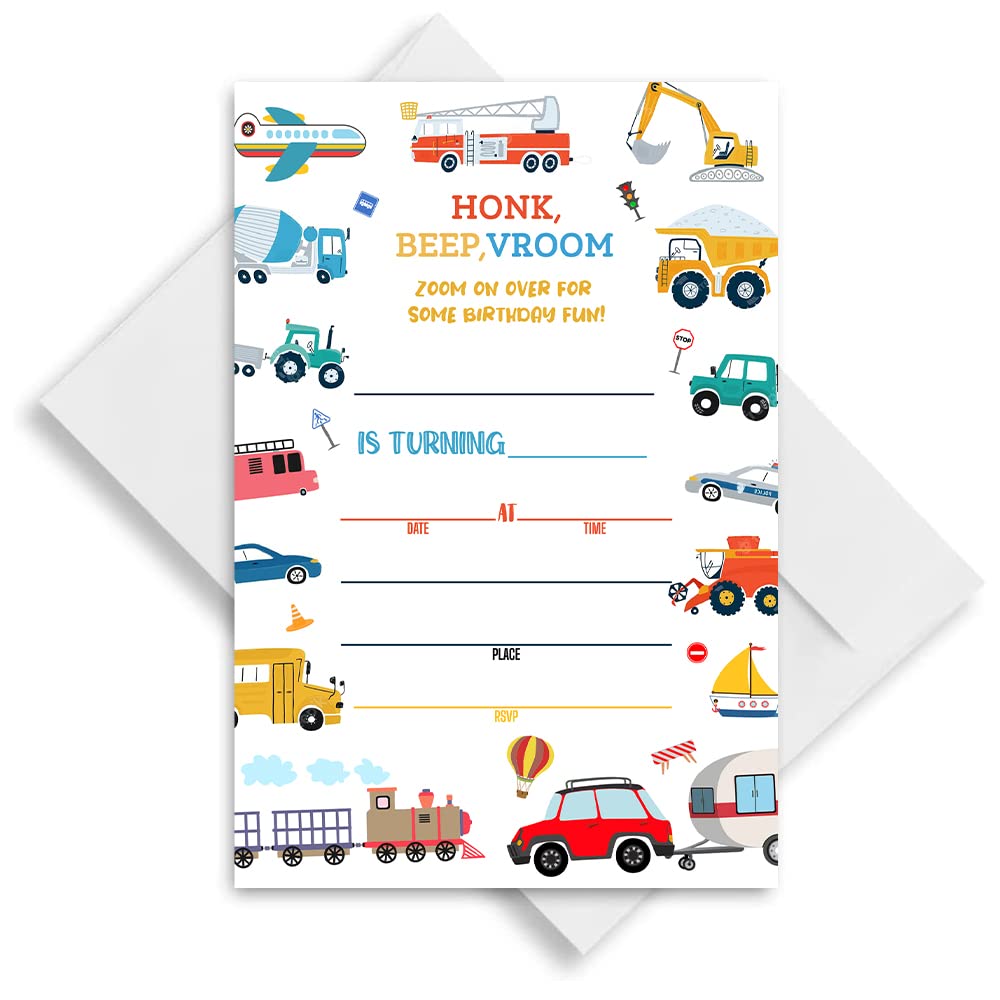 LoaHak Transportation Birthday Invitations Greeting Card, 20 Invitations and Envelopes, 4x6 inches, Minimalist Modern Style