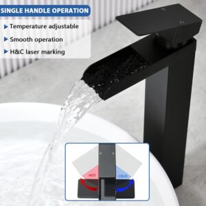 Black Tall Waterfall Bathroom Faucet, Single Hanlde Vessel Sink Faucet with Waterfall Spout, Bathroom Faucets for 1 Hole, RV Lavatory Vanity Mixer Bar Tap with Pop Up Drain and Hoses KMBF015B