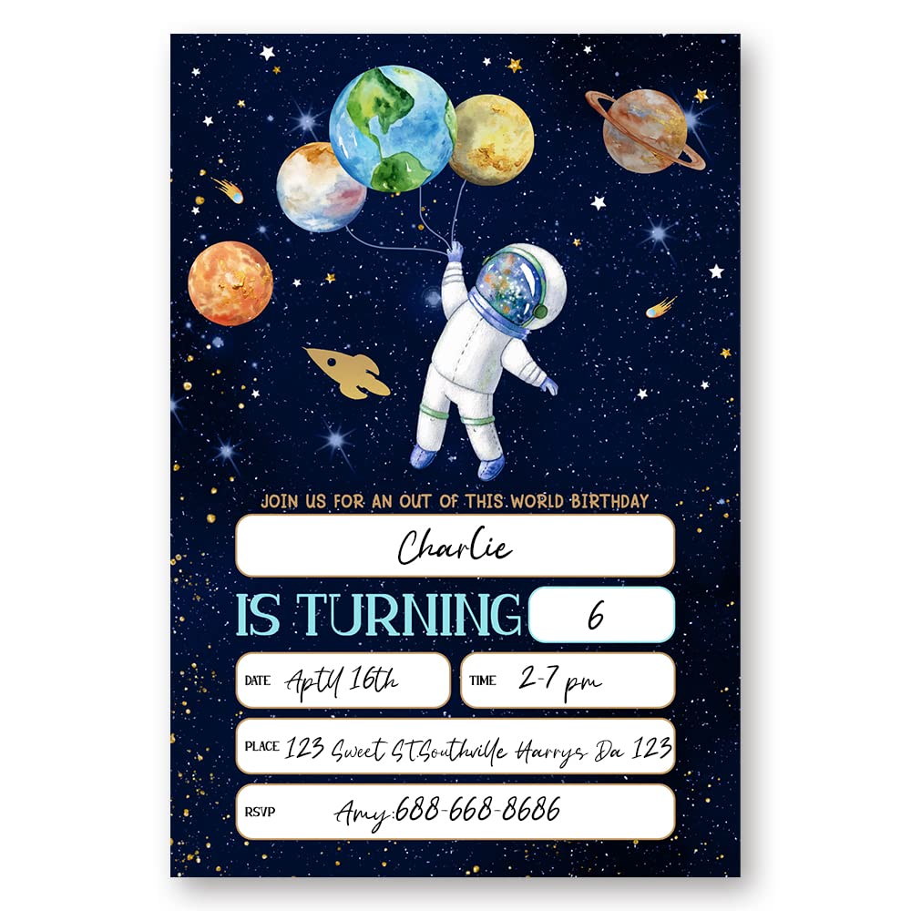 LoaHak Outer Space Birthday Party Invitations Card For Kids, Planets Rocket Ship Party, Astronaut Birthday Invitation. (073)