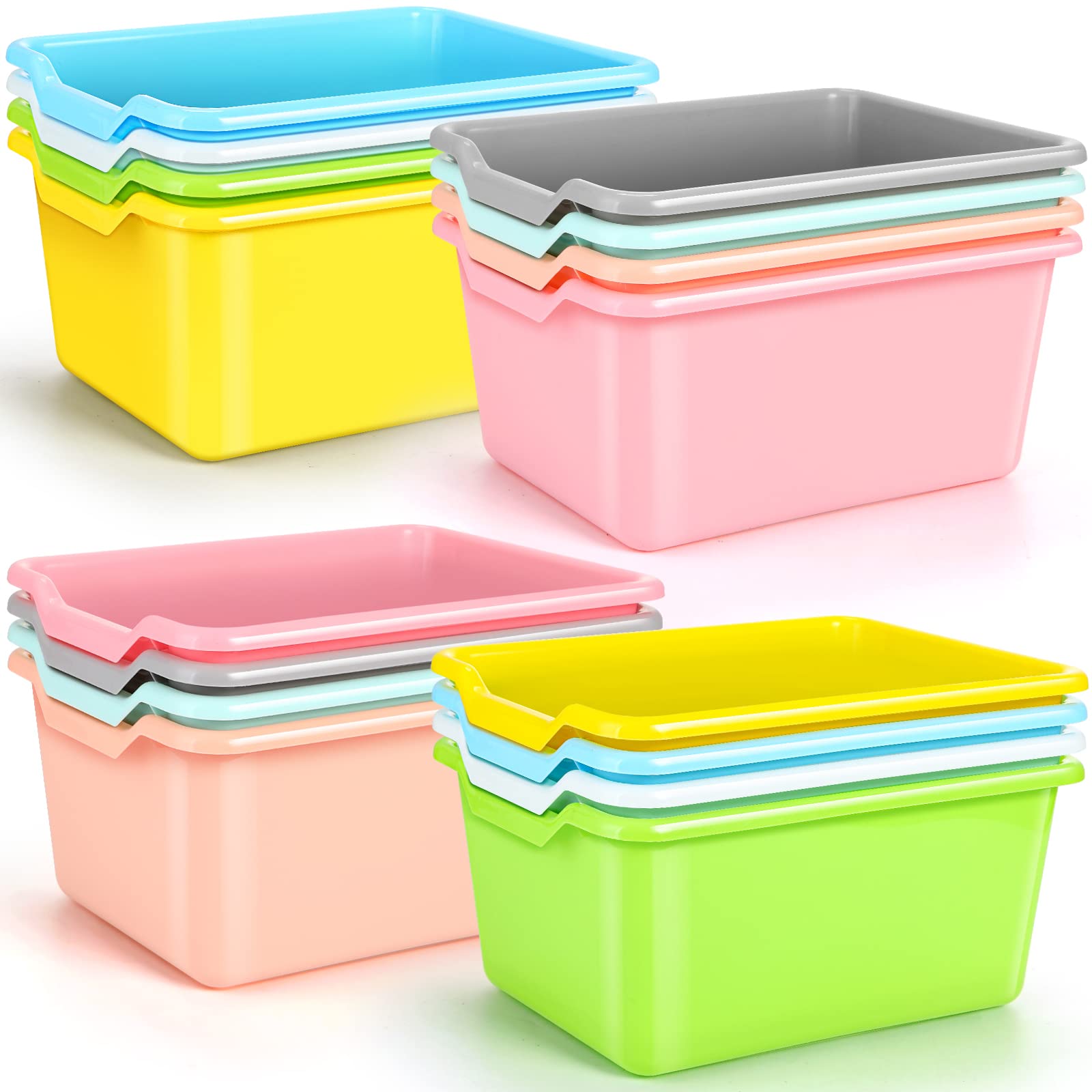 Dandat 16 Pcs Cubby Bins Plastic Books Bins Bulk Scoop Front Classroom Cubby Organization Stackable Toy Storage Tubs Containers for Classroom Office Home(11.42 x 7.87 x 5.12 Inch)