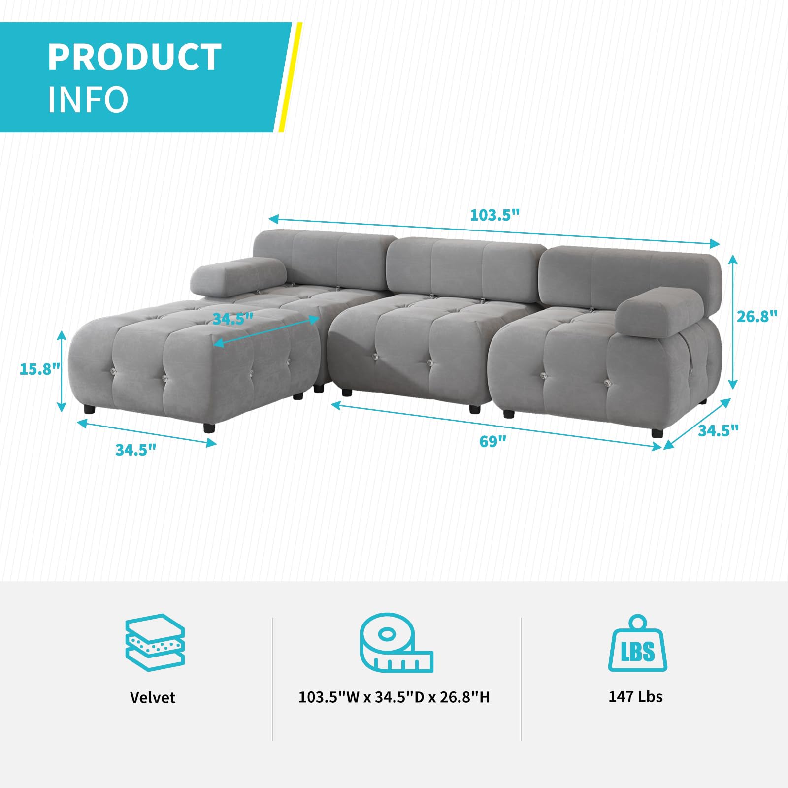 CECER 103" W Convertible Modular Sectional Sofa, L-Shaped Minimalist Velvet Sofas Couch, Luxury Modern 4-Seater Bubble Sofa with Ottoman for Living Room/Office/Apartment-Light Grey