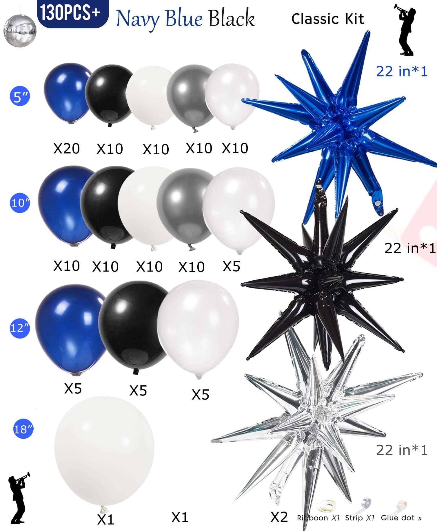 Kozee Navy Blue and black balloon Garland Kit 132PCS dark blue with Sliver white starburst Balloons Arch for baby shower boy 1st birthday party anniversary graduation Prom decorations