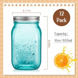 Tessco 12 Pcs 16 oz Colored Mason Jars with Lids Glass Pint Canning Containers Regular Mouth Kitchen Canisters for Food Storage, Christmas DIY Crafts, NOT Allowed Dishwasher (Teal)