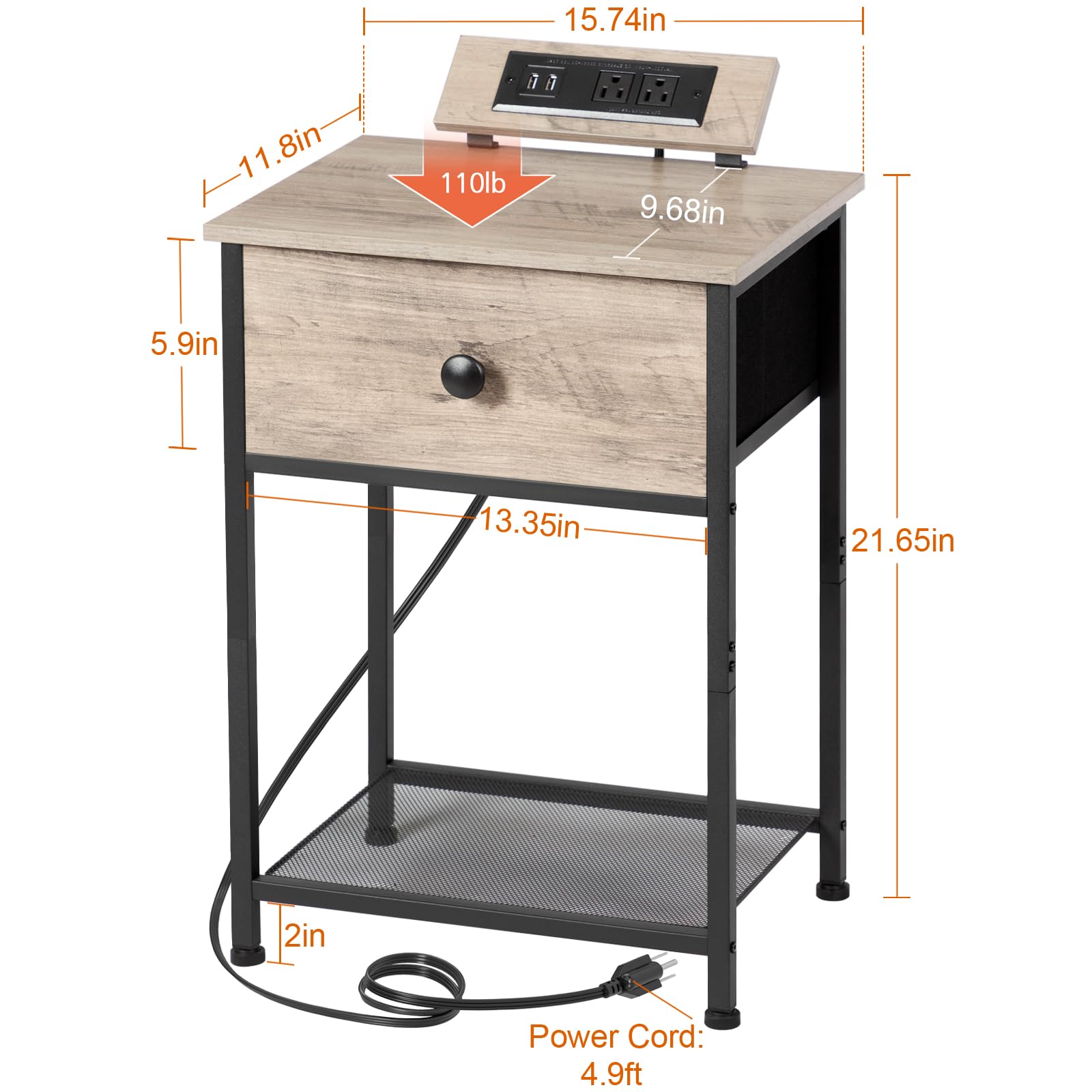 AMHANCIBLE Night Stand Set 2, Small Nightstand with Charging Station, Laundry Hamper with 2 Section