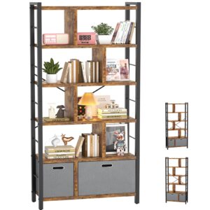 74 inch tall bookshelf, 6 tier bookcase with drawers, modern book shelf display standing shelf units with storage, wood and metal bookshelves for living room, bedroom, home office, rustic brown