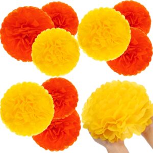 tigeen 24 pcs 10 inch marigold flower pom poms tissue pom poms paper flower balls for halloween wedding birthday celebration party diy decoration, orange and yellow