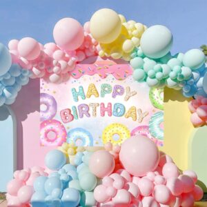 Donut Birthday Party Decorations,140Pcs Sweet One Balloon Garland Arch Kit and Happy Birthday Backdrop,Pastel Confetti Donut Foil Balloons for Donut Grow Up Baby Shower Decor Two Sweet Party Supplies