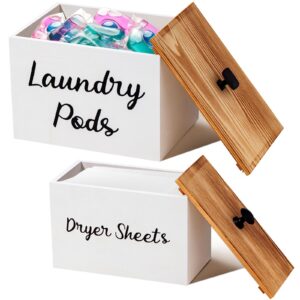 dandat 2 pcs wood laundry dryer sheet holder rustic laundry pod container with lid 8.7 x 6.3 x 6.4 inch laundry pod holder 7.3 x 3.7 x 5 inch dryer sheet dispenser laundry wooden box container (white)