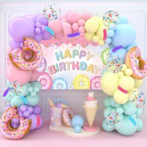 donut birthday party decorations,140pcs sweet one balloon garland arch kit and happy birthday backdrop,pastel confetti donut foil balloons for donut grow up baby shower decor two sweet party supplies