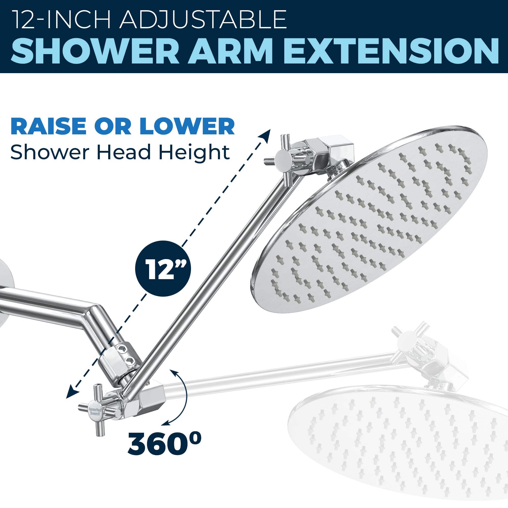 HammerHead Showers® ALL METAL 12 Inch Shower Head Extension Arm - Adjustable Shower Arm Extension Raises Showerhead Height - Shower Extender Arm Supports up to 10lbs — Chrome