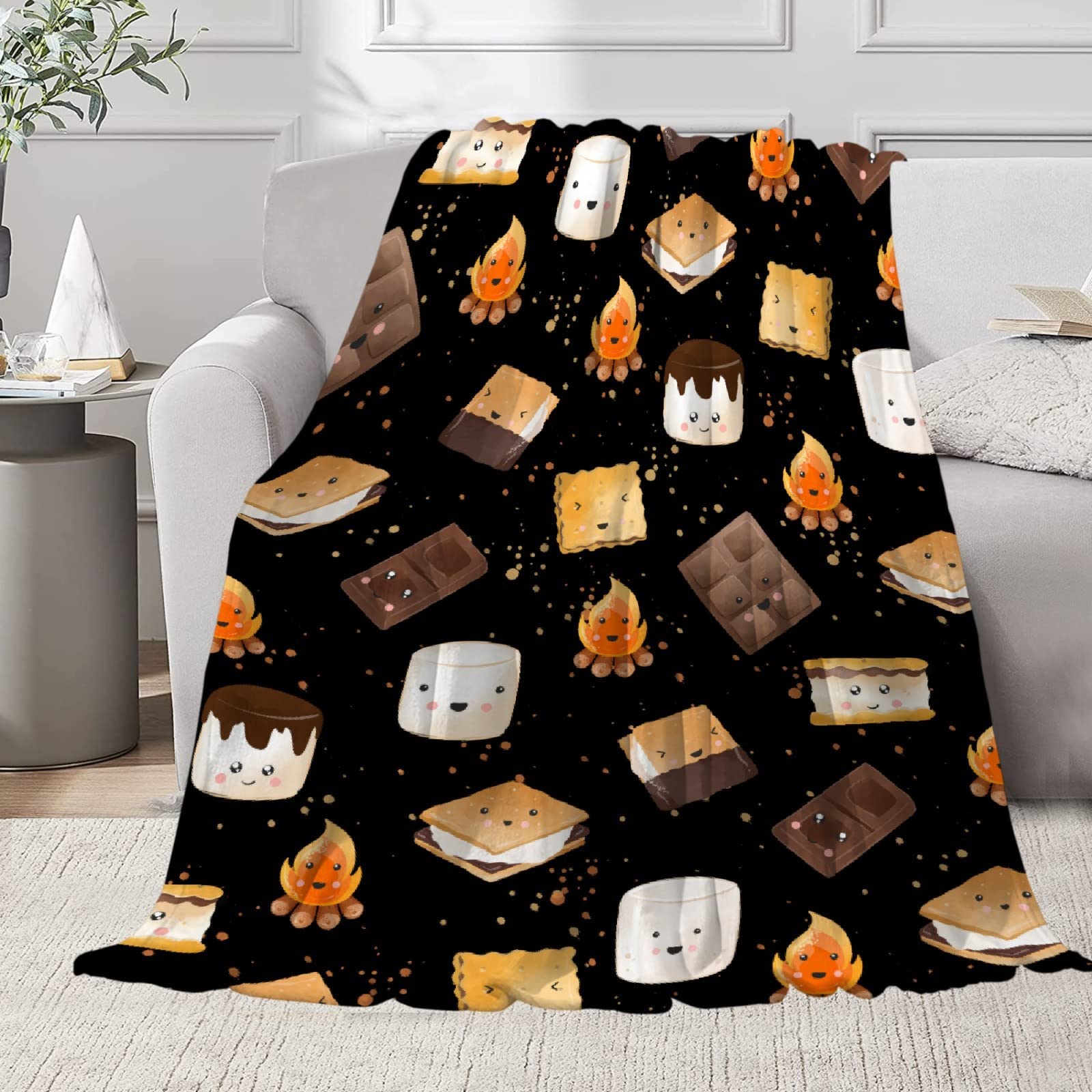 Cute S'Mores Blanket | Ultra Soft Marshmallow Cookie Throw Blanket | 60"x80" Marshmallow Gifts for Boys Girls | Plush Warm Cozy Roasted Marshmallows Blanket for Couch/Sofa/Travel/Camping