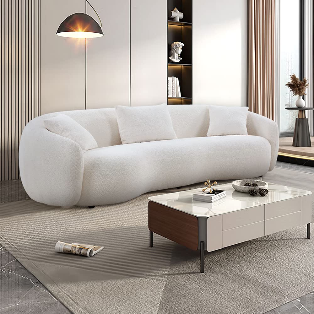 WILLIAMSPACE 93.6" Curved Sofa, Modern Upholstered Boucle Curved Couch with 3 Throw Pillows, 3-Seat Sofa Couch for Living Room, Apartment (Beige)